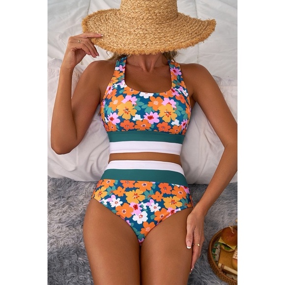 Green Floral Print Racerback Cutout High Waist Bikini - Picture 2 of 3